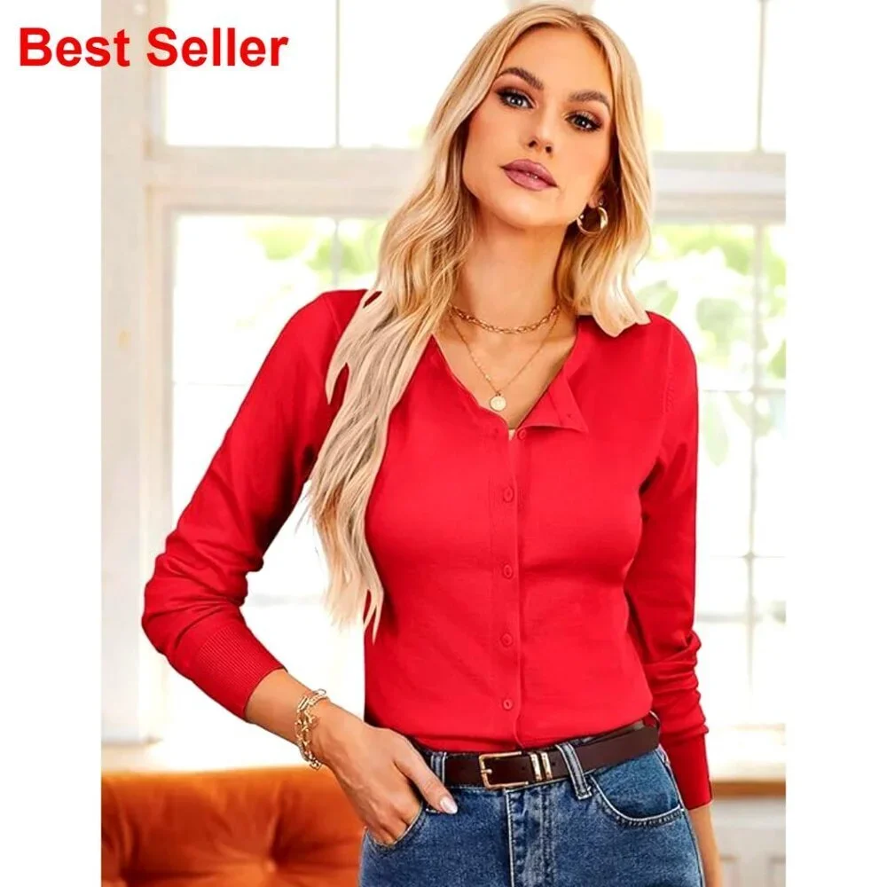Long Sleeve Button Down Cardigan, Stretchy Knit, Office Essential, S-2XL